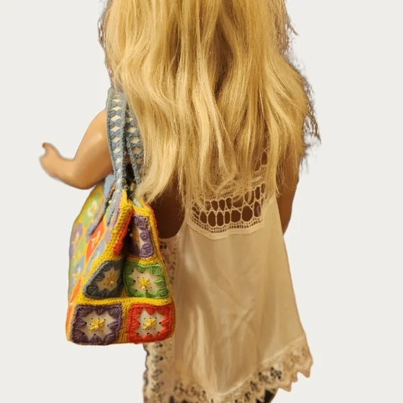 Bohemian VINTAGE Colorful CRAFTED Crochet Tote Bag - Picture 4 of 16